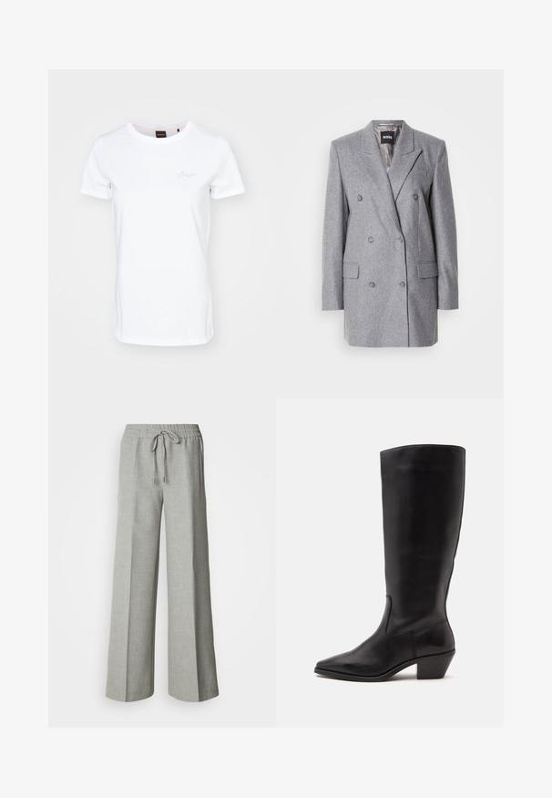 Blazer gris de doble botonadura con una tela texturizada, solapas con muesca, dos bolsillos delanteros y tres botones grises. El forro interior es de color gris claro.; Camiseta blanca de manga corta hecha de algodón. Presenta un escote redondo y un sutil logo bordado en el pecho. Textura suave.; Pantalones anchos de pierna recta en gris claro con cintura elástica y cordón, bolsillos delanteros y una tela con textura sutil.; Bota de cuero negra hasta la mitad de la pantorrilla con puntera puntiaguda y tacón bajo inclinado sobre un fondo claro y liso.