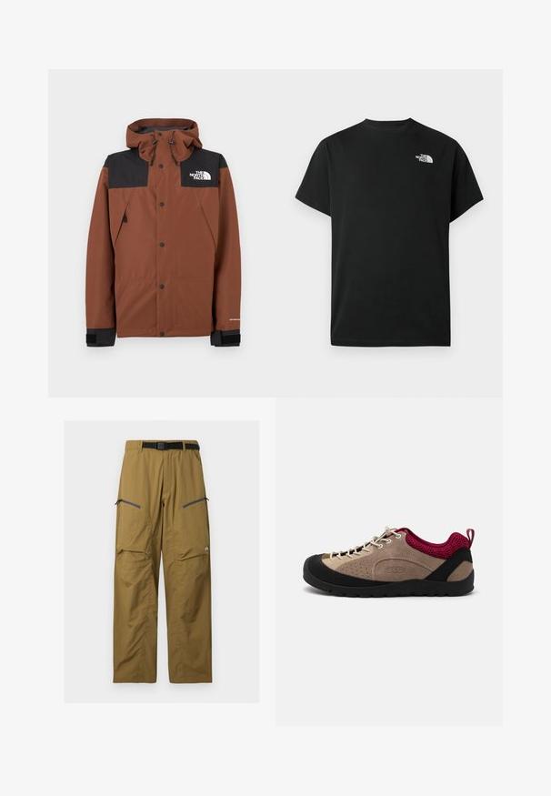 Brun lynlåstrøje med sort øverste sektion, justerbar hætte og logo på brystet. Har trykknapper og elastiske manchetter.; Sort t-shirt med korte ærmer lavet af bomuld. Har en hvid logo på venstre bryst. Enkelt snit med rund halsudskæring og minimalt design.; Khaki udendørs bukser med sort justerbart bælte, to lynlåslommer på låret og knæsyninger, vist på en ensfarvet baggrund.; Sko med overdel i beige ruskind, sort gummisål, lyserøde mesh-detaljer og grå snørebånd. Har perforeringer for åndbarhed og et håndtag til at trække i.