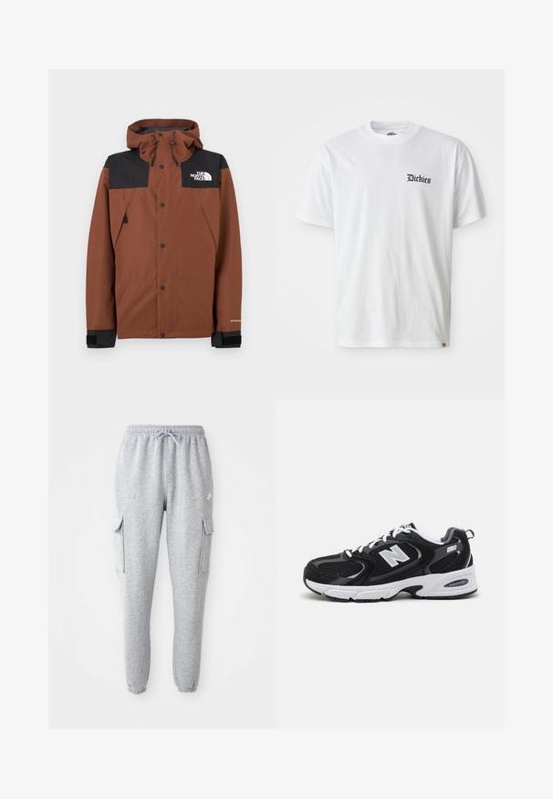 Braune Jacke zum Reißverschluss mit einem schwarzen oberen Bereich, verstellbarer Kapuze und Logo auf der Brust. Verfügt über Druckknöpfe und elastische Bündchen.; Weißes Baumwoll-T-Shirt mit kurzen Ärmeln und Rundhalsausschnitt. Mit schwarzem "Dickies"-Logo, das auf der linken Brustseite aufgedruckt ist.; Graue Sweatpants aus weichem Material, mit elastischem Bund und Kordelzug, zwei seitlichen Cargo-Taschen und schmal zulaufenden Bündchen.; Schwarze und graue Sportschuhe mit Obermaterial aus Mesh und Wildleder, ausgestattet mit einer weißen Zwischensohle, Schnürsenkeln und einem markanten "N"-Logo an der Seite.