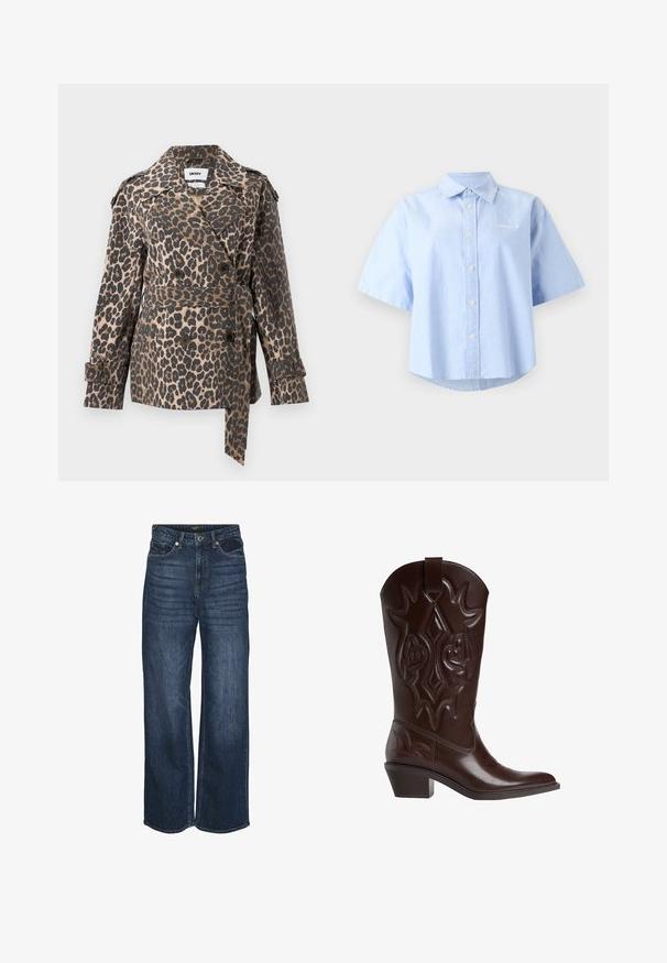 Trenchcoat med leopardprint i tan og sort stof. Dobbeltradet design med store knapper, bælte i taljen og skulderepauletter.; Kortærmet skjorte med knapper i lyseblåt stof. Har spids krave, lige kant og en lille logo broderet på brystet.; Bredde ben denim jeans i mørkeblå vask med fem lomme-design, bælteløkker og subtilt slid på forsiden. Klassisk knaplukning.; Brun cowboystøvle i læder med indviklede sømme, spids snude og stablet hæl. Har en træktab i toppen for nem påtagning.