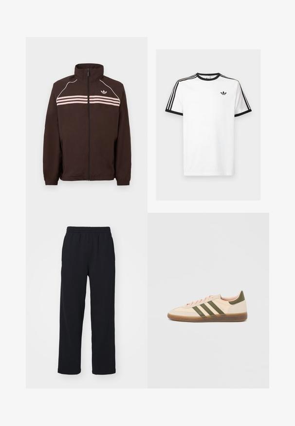 Bruine jas met ritssluiting en hoge kraag, lichtroze horizontale strepen, witte bies op de schouders en klein Adidas-logo op de borst.; Witte katoenen t-shirt met zwart geribde halslijn en mouwen, met drie zwarte strepen op elke schouder en een klein logo op de borst.; Zwarte sweatpants met een elastische tailleband, rechte benen en gestikte details. Gemaakt van zachte, textuurstof.; Beige Adidas Spezial sneaker met een laag profiel, groene strepen, een gumkleurige zool en "SPEZIAL" branding aan de zijkant, gezien vanaf de buitenzijde.