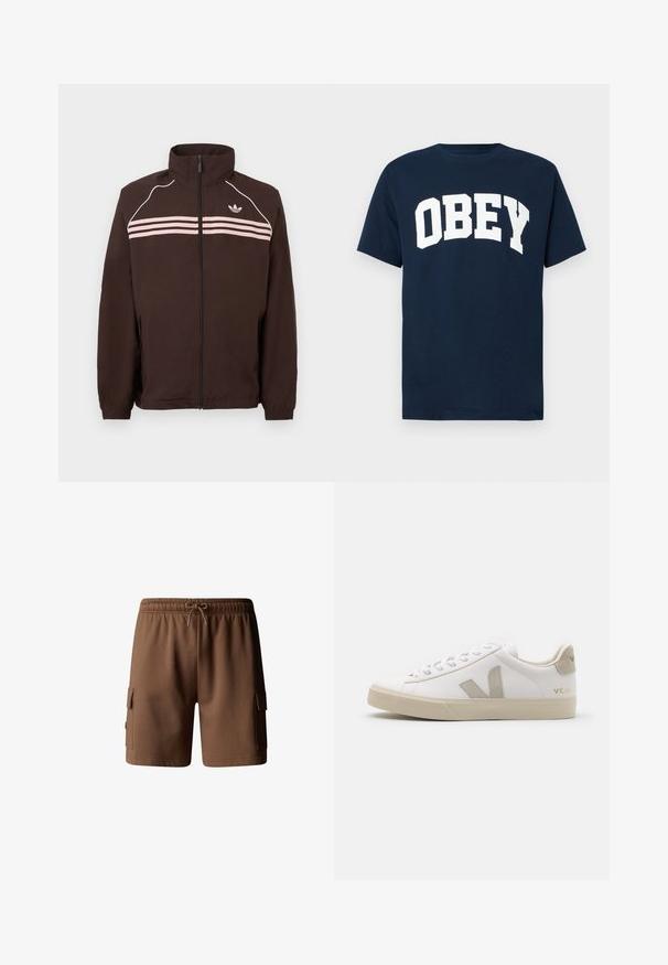 Chaqueta marrón con cremallera y cuello alto, rayas horizontales rosas claras, ribete blanco en los hombros y pequeño logo de Adidas en el pecho.; Camiseta de manga corta azul marino con grandes letras blancas "OBEY" impresas en el pecho en fuente de bloque.; Pantalones cortos de algodón marrón tipo cargo con cintura elástica, cierre de cordón y dos bolsillos laterales. Textura suave y longitud por encima de la rodilla.; Zapatillas blancas de cuero con acentos en beige, suela plana de goma, puntera redonda y logotipo contrastante en el lado y la parte trasera. Diseño con cordones.