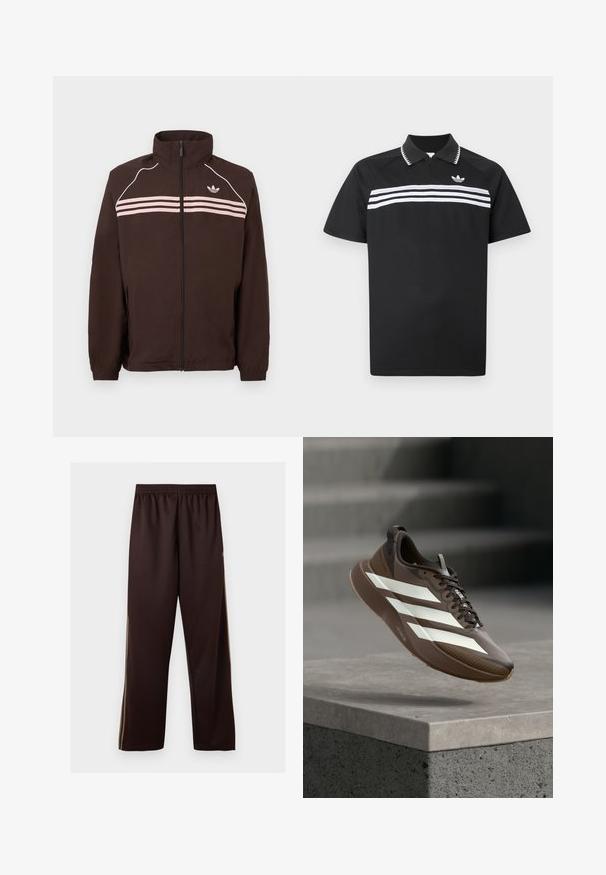 Brown zip-up jacket with high collar, light pink horizontal stripes, white piping on shoulders, and small Adidas logo on the chest.; Black polo shirt with a zip collar, featuring three white horizontal stripes across the chest and a small logo on the upper left.; Dark brown wide-leg pants with elastic waistband and subtle light brown side stripes, displayed against a plain white background.; Brown athletic shoe with white stripes and black laces floating above a concrete ledge with gray stairs in the background.