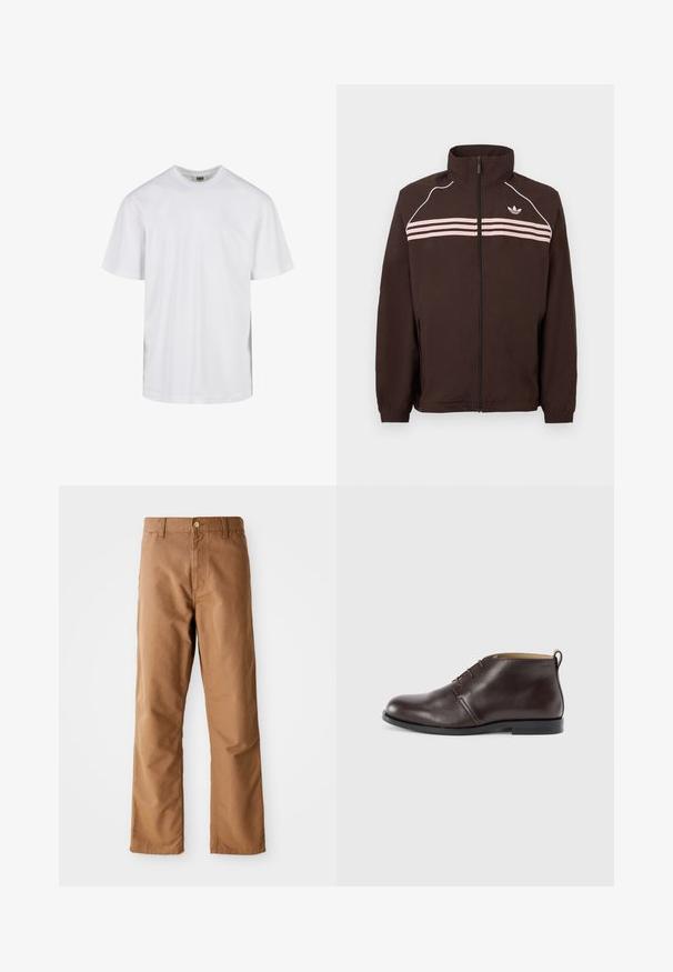 Bruine jas met ritssluiting en hoge kraag, lichtroze horizontale strepen, witte bies op de schouders en klein Adidas-logo op de borst.; Eenvoudig wit T-shirt met korte mouwen en ronde hals, met een losse pasvorm, afgebeeld tegen een witte achtergrond.; Bruine rechte broek met riemlussen, voorkant zakken, knoopsluiting en rits op een witte achtergrond.; Bruine leren enkellaarzen met een gladde textuur, met ronde neuzen, minimale vetersluiting en een kleine hak. Merkenlogo op de achterkant.