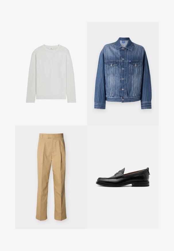 Blue denim jacket featuring vertical white pinstripes, two chest pockets, button closure, and a classic collar. HUGO logo on the label.; Plain white long-sleeve crew neck shirt with a straight hem, displayed flat against a white background.; Beige trousers made of smooth cotton with a high waist, featuring pleats in the front and straight legs. No visible hardware or patterns.; Black leather men's loafer with moc toe stitching, penny strap, textured collar, and low stacked heel on white background.