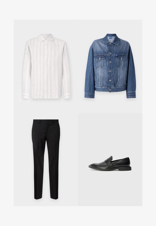 Blaue Jeansjacke mit vertikalen weißen Streifen, zwei Brusttaschen, Knopfverschluss und klassischem Kragen. HUGO-Logo auf dem Etikett.; Weißes Hemd mit Knöpfen aus strukturiertem Stoff, das dünne schwarze vertikale Streifen aufweist, einen klassischen Kragen hat und lange Ärmel mit geknöpften Manschetten besitzt.; Schwarze maßgeschneiderte Hosen aus glattem Stoff, mit geradem Bein, feinen Bügelfalten und einem klassischen Bund mit Gürtelschlaufen.; Schwarze Lederlofer mit glatter Oberfläche, spitzer Zehenform und niedrigem rechteckigen Absatz. Mit horizontalem Riemen-Detail über dem Obermaterial.