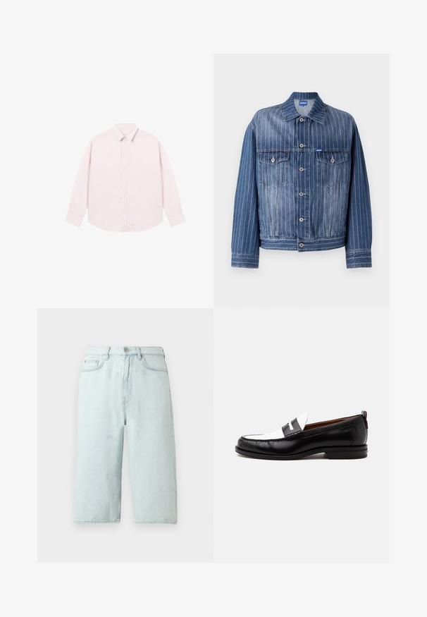Veste en denim bleu avec des rayures blanches verticales, deux poches poitrine, fermetures à boutons et un col classique. Logo HUGO sur l'étiquette.; Chemise rose clair à manches longues avec col, boutons sur le devant et logo brodé subtil près de l'ourlet.; Shorts en denim bleu clair avec une coupe à jambe droite, taille mi-haute, poches avant et une poche arrière unique, finition avec des coutures discrètes.; Mocassin en cuir noir et blanc avec des détails cousus, un petit talon et un design slip-on, présenté de profil sur un fond uni.