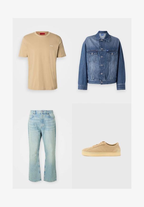 Blå denimjakke med lodrette hvide striber, to brystlommer, knaplukning og klassisk krave. HUGO-logo på mærket.; Beige bomulds t-shirt med rund halsudskæring, korte ærmer og et lille hvidt "HUGO" logo på brystet. Glat tekstur uden mønstre.; Lysblå denim flared jeans med høj talje, der har fem lommer, bæltestropper og en toned vævning.; Beige ruskind lavtop-sneaker med tyk gummsål, snørebånd foran og diskret branding på siden på en ensartet lys grå baggrund.