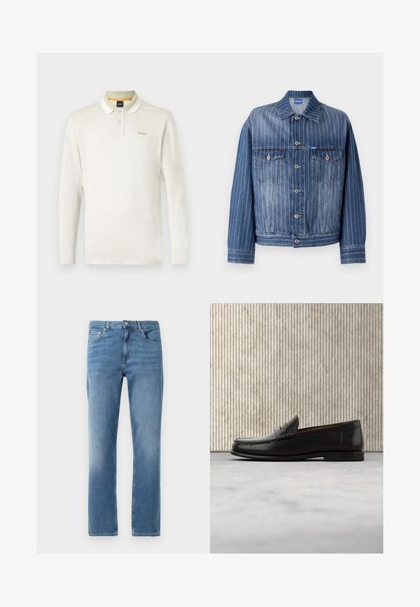 Blaue Jeansjacke mit vertikalen weißen Streifen, zwei Brusttaschen, Knopfverschluss und klassischem Kragen. HUGO-Logo auf dem Etikett.; Langärmliges Poloshirt in hellem Creme, aus weichem Baumwollmaterial. Verfügt über einen weißen Kragen, eine Zwei-Knopf-Leiste und ein dezentes Markenlogo auf der Brust.; Hellblaue Jeans aus Denim mit geradem Bein, fünf Taschen und einem Metallknopfverschluss an der Vorderseite. Sichtbarer Farbverlauf an den Oberschenkeln und am Saum.; Schwarzer Pennyloafer aus Leder mit niedrigem Absatz, abgerundeter Spitze und genähten Details vorne und an den Seiten, gezeigt vor neutralem Hintergrund.