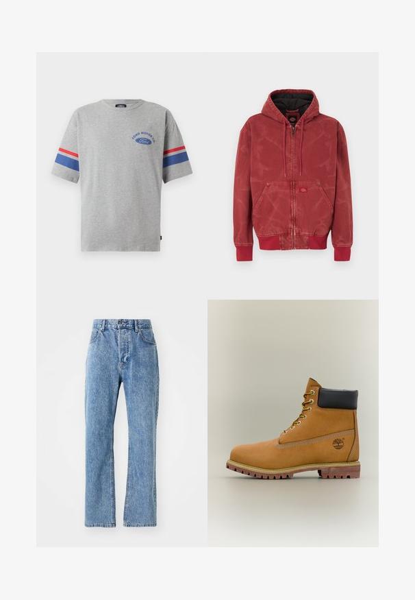 Rød hættejakke med tekstureret finish, lynlåslukning, frontlommer og ribbet manchetter. Sort foer og lille logomærke foran.; Grå bomulds t-shirt med korte ærmer, prydet med blå og røde striber på ærmerne og "Ford Motor Co" logo i blå på brystet.; Lysblå denim jeans med høj talje, bred ben design, klassisk fem-lomme stil og diskret falmning langs stoffet.; Brun læderankelstøvle med sort krave, gule snørebånd og tanfarvet sål. Har logo og hvide syninger som detalje. Robust ydersål med greb.