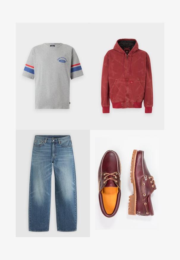 Rød hættejakke med tekstureret finish, lynlåslukning, frontlommer og ribbet manchetter. Sort foer og lille logomærke foran.; Grå bomulds t-shirt med korte ærmer, prydet med blå og røde striber på ærmerne og "Ford Motor Co" logo i blå på brystet.; Blå denimjeans med lige ben, forreste knap og lynlås samt styling med fem lommer.; Bordeaux lædersko med brune gummisåler, rund tå, hvid syning og gyldne snøringer. Indersiden har et gult for.