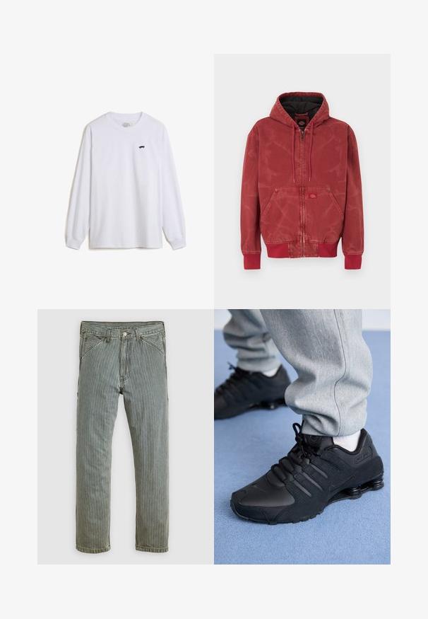 Rode jas met capuchon en een gestructureerde afwerking, ritssluiting, voorkantzakken en geribbelde manchetten. Zwarte voering en een klein logolabel aan de voorkant.; Witte langelijf t-shirt van katoen, met een kleine zwarte skateboardafbeelding op de linkerkant van de borst en geribde manchetten.; Vertical zwart-witte gestreepte rechte broek met voorzakken en lusjes voor een riem, plat weergegeven op een lichte achtergrond.; Persoon in zwarte Nike Shox sneakers en een grijze joggingbroek staand op een lichtblauw tapijt.
