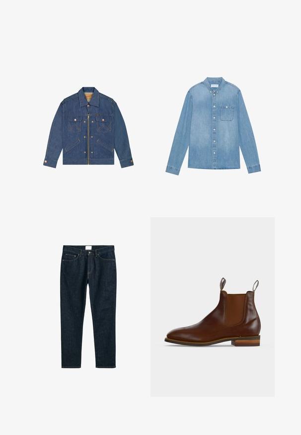 Veste en denim bleu avec fermeture zippée et à boutons à l'avant, deux poches à rabat sur la poitrine, poches latérales, et quincaillerie ton cuivre.; Chemise en denim bleu clair à boutons, manches longues, col pointu, poche poitrine unique et décoloration subtile sur le tissu.; Jean en denim bleu foncé, coupe droite, avec cinq poches, fermeture boutonnée et couture contrastante. Texture lisse avec un design classique.; Bottine Chelsea en cuir marron avec panneaux latéraux élastiques, languettes à l'avant et à l'arrière, et talon en bois superposé.
