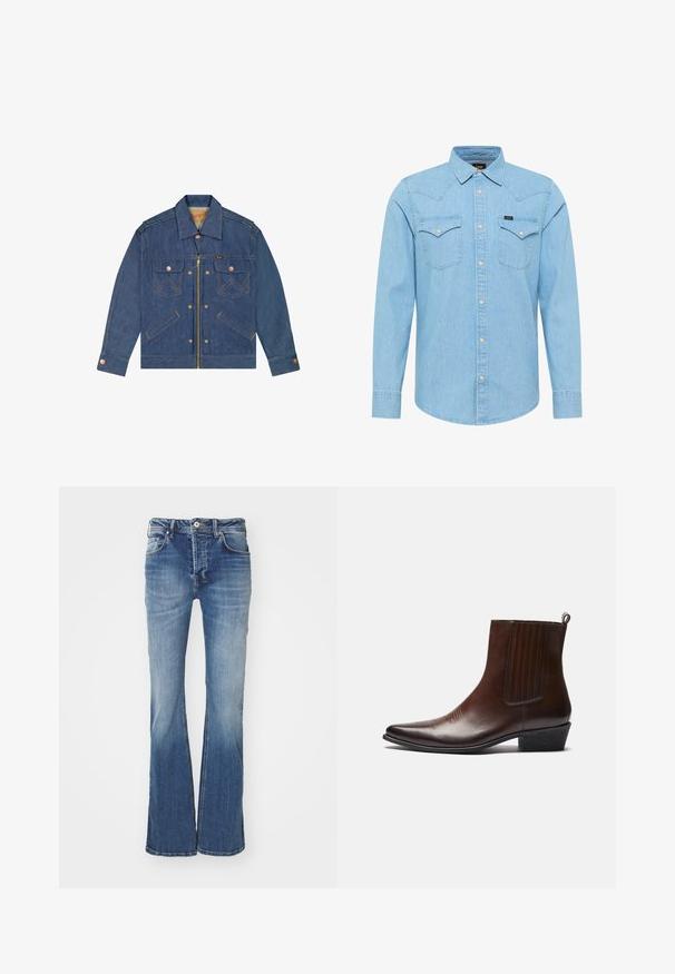 Blauwe spijkerjack met voorrits en knoopsluiting, twee borstflappenzakken, zakken aan de zijkant en koperkleurige accenten.; Lichtblauw denim overhemd met lange mouwen, knoopsluiting, twee achterzakken met knoop, puntige kraag en klein Lee-logo op de linkerzak.; Verstekte blauwe denim jeans met een gemiddelde wassing, vijf zakken en een knoopsluiting. Bevat een vervaagd textuur en lichte slijtplekken.; Bruine leren enkelboot met een spitse neus, elastische zijpanelen, textuurdetails aan de voorkant en een lage gestapelde hak.