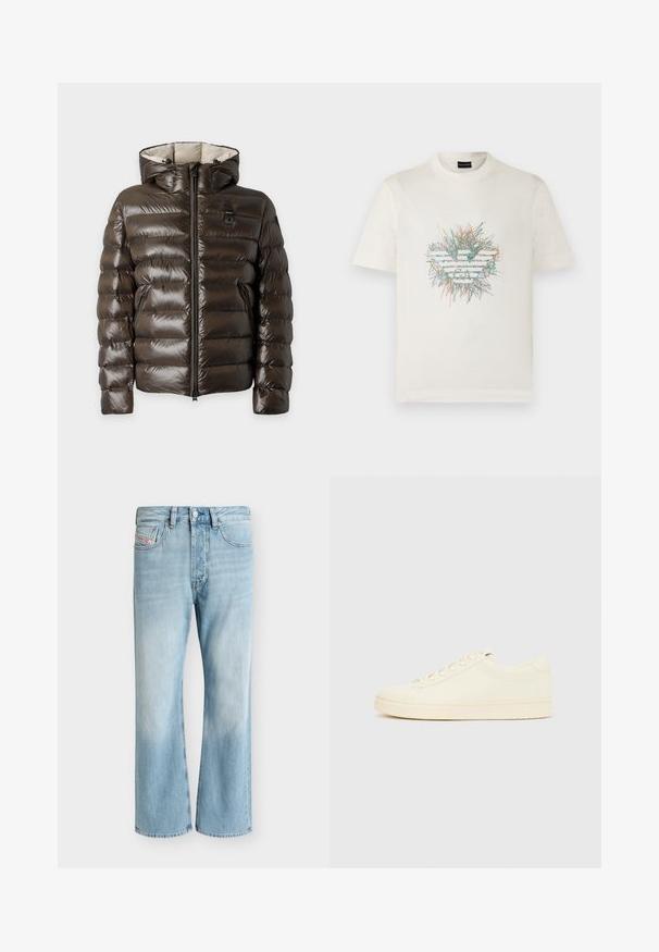 Veste matelassée marron foncé brillante avec capuche, fermeture éclair à l'avant, deux poches avant zippées et un petit patch logo noir et jaune sur la poitrine.; T-shirt blanc à manches courtes avec un design abstrait coloré de gribouillis formant un logo d'aigle stylisé au centre avant.; Jean en denim bleu clair avec cinq poches et une coupe droite, présenté sur un fond blanc uni.; Baskets couleur crème avec une tige en cuir lisse, bout arrondi, laçage à l'avant et semelle en caoutchouc texturée. Design minimaliste, sans logo.