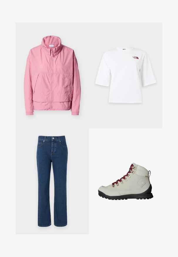 Veste légère rose avec col haut, fermeture éclair à l'avant, rabats de poche à boutons-pression et manches longues sur fond blanc.; T-shirt blanc à manches courtes, col rond, avec un petit logo "The North Face" bordeaux sur la partie supérieure gauche de la poitrine.; Jean denim bleu à jambes droites avec cinq poches, passants pour ceinture, fermeture par bouton et détails de couture visibles.; Botte de randonnée beige avec des lacets rouges, des œillets en métal et une surface texturée. Elle possède une semelle noire robuste et un détail de logo distinct sur le côté.