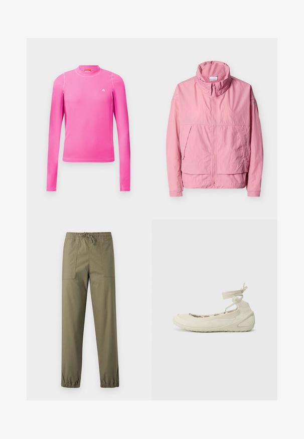 Roze lichtgewicht jack met hoge kraag, ritssluiting aan de voorkant, kleppen met drukknoopsluiting op de zakken en lange mouwen tegen een witte achtergrond.; Langdurig sportshirt met lange mouwen in felroze, met een geribbelde textuur, hoge hals en een klein wit logo op de borst.; Olijfgroene broek gemaakt van een gladde stof met een elastische tailleband, verstelbare trekkoord en elastische boorden bij de enkels.; Lichtbeige ballet flats met een ronde neus, vetersluiting bij de enkel, textuur op het oppervlak en een flexibele zool. Geschikt voor casual kleding.