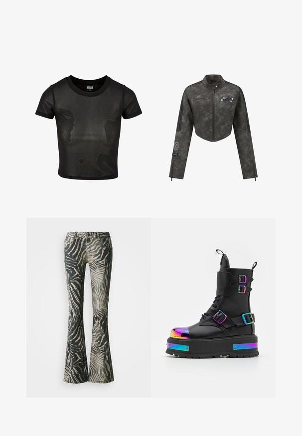 Kort grå jakke i kunstlæder med høj krave, lynlåslukning, sorte accentstriber og broderede mærker på brystet og ærmet.; Sort cropped t-shirt lavet af gennemsigtigt stof, med korte ærmer og rund udskæring. Tekstureret overflade og kontrasterende solid kant.; Bredde jeans i et sort og beige zebra mønster, fremstillet af denim materiale, med fem-lomme design og synlige syninger.; Koi Footwear COSMIC FIRE METAL PLATFORM BOOTS - Snørestøvletter - black/multi-coloured