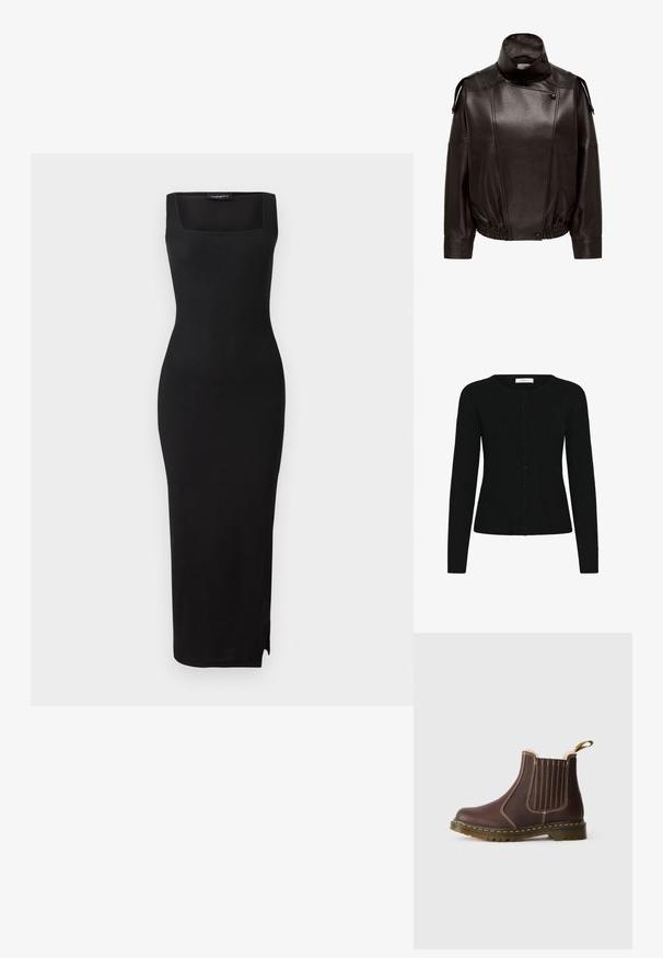 Zwarte jas van imitatieleder met hoge opstaande kraag, asymmetrische drukknoopsluitingen aan de voorkant, schouderepauletten en elastische zoom in de taille.; Zwarte geribbelde cardigan met een ronde hals, lange mouwen en een knoopsluiting. De stof heeft een gladde textuur en een aansluitend ontwerp.; Zwarte ribbelgebreide midi-jurk met een vierkante halslijn, een aansluitende silhouette en een zijsplit. Het materiaal heeft een soepele textuur. Eenvoudig ontwerp.; Bruine leren Chelsea-boot met gele stiksels, elastische zijpanelen, voering van bont en doorzichtige rubberen zool op een witte achtergrond.