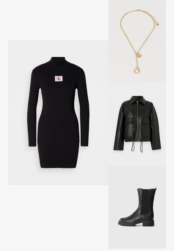 Must nahast jakk ees oleva lukuga, kahe suure klapiga tasku, nööriga äärega ja pikkade varrukatega tavalise valge tausta peal.; Must mustriba pikad varrukad dresses kõrge kraega ja ristküliku kujuga Calvin Kleini logo patchiga esiküljel. Lihtne, keha ligi põrkav disain.; Mustad musta nahast pahkluu saabas elastsete külgpaneelidega, ümar toe ja jäme kummist tallaga. Omab peent logo külje peal.; Kuldnööriga kaelakee, millel on segatud lingistiilid, väikese ümmarguse ripatsi ja kristallidega kaunistatud ümmarguse ripatsiga.