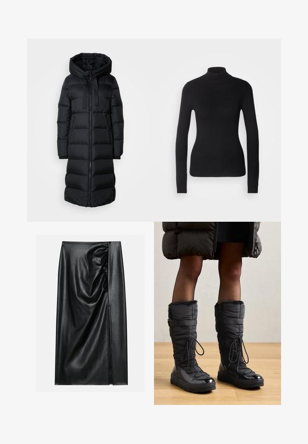 Lang sort quiltet pufferjakke med hætte, frontlynlås, to lynlåslommer og snore i hætten, designet til koldt vejr.; Sort turtleneck sweater lavet af let strikket stof. Har lange ærmer, et tætsiddende design og en blød ribbet tekstur.; Sort læderskirt med en glat overflade, der har en indsamlet sektion på den ene side og en skråning på siden for ekstra detaljer.; Knæhøje sorte pufferstøvler med fake fur kant, skinnende vandtæt overdel, tekstureret sål og justerbar snøre detaljer.