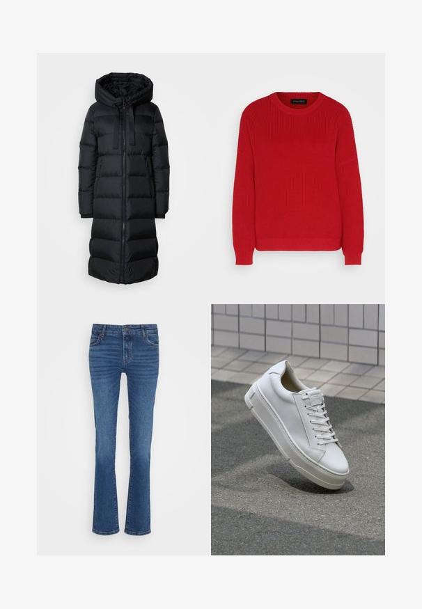 Lang sort quiltet pufferjakke med hætte, frontlynlås, to lynlåslommer og snore i hætten, designet til koldt vejr.; Rød strikket sweater med rund hals, ribbet tekstur og let oversized ærmer. Har en lige søm og slidstærkt stof.; Blå denimjeans med en lige ben-design, der har lys fading, fem-lomme layout og en metal knaplukning ved taljen.; Hvide lædersneakers med lavt design, flade snører, rund tå og strukturerede sider. Tyk gummisål med diskrete detaljer.