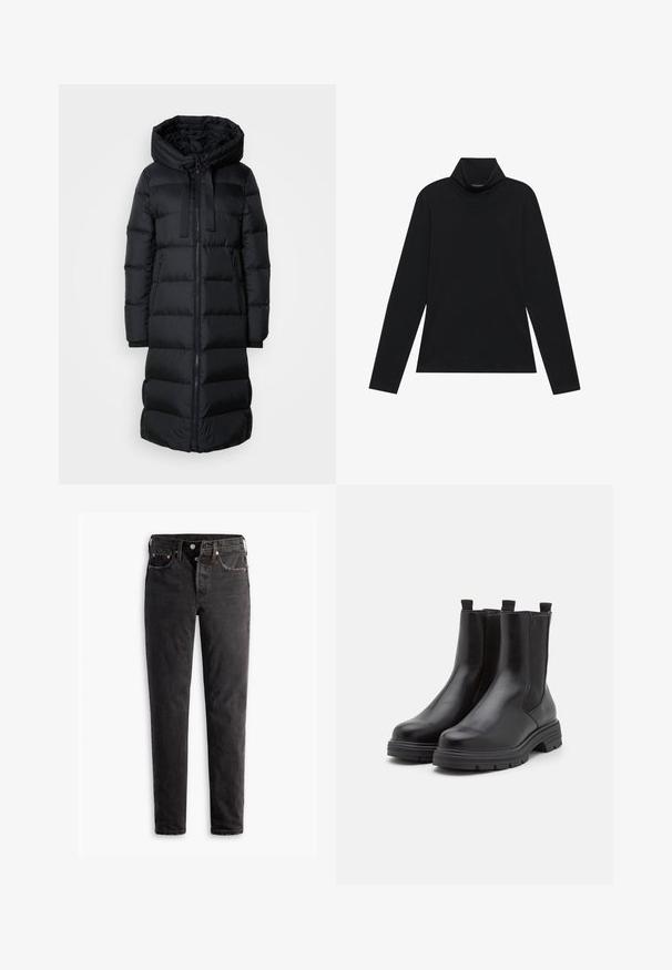 Lang sort quiltet pufferjakke med hætte, frontlynlås, to lynlåslommer og snore i hætten, designet til koldt vejr.; Sort turtleneck med lange ærmer. Blødt stof, tætsiddende design, høj krave og sidesøm. Simpel og alsidig stil, der er velegnet til lag-på-lag.; Sorte denim jeans med lige ben, der har fem lommer, kobberhardware og en let slidte måde.; Sorte læder ankelstøvler med elastiske sidelapper, rund tå og en tyk gummisål. Har stropper for nem påklædning.