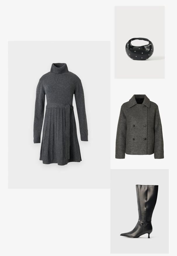 Abrigo gris de lana de doble botonadura con un cuello ancho y cuatro botones negros, con mangas largas y un dobladillo recto.; Vestido de punto gris que presenta un alto cuello de tortuga, mangas largas, una cintura acentuada con un lazo de cinturón y detalles de falda plisada.; Bota negra de cuero hasta la rodilla, con punta afilada y tacón bajo tipo kitten, mostrada sobre un fondo claro y sencillo.; Bolso de mano de cuero negro con forma redondeada, decorado con detalles de tachuelas plateadas y un asa corta. Textura lisa y cierre con cremallera.