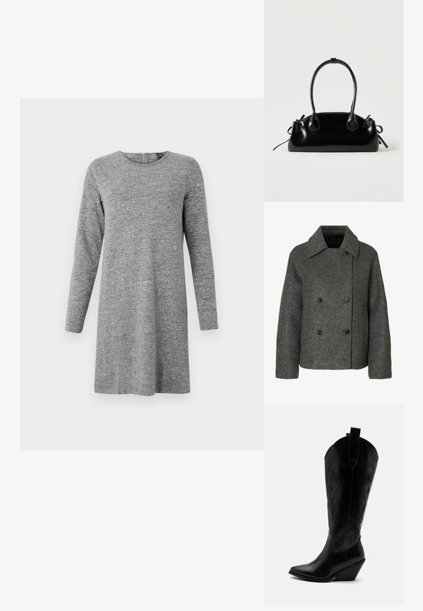 Manteau en laine gris à double boutonnage avec un large col et quatre boutons noirs, manches longues et ourlet droit.; Robe en maille à manches longues, gris clair, avec un col rond et une fermeture éclair dans le dos.; Botte de cowboy en cuir noir avec bout pointu, talon bloc incliné, couture décorative et languettes en haut sur fond blanc.; Petit sac à main noir brillant avec deux longues anses et des détails à cordon sur les côtés sur un fond clair uni.
