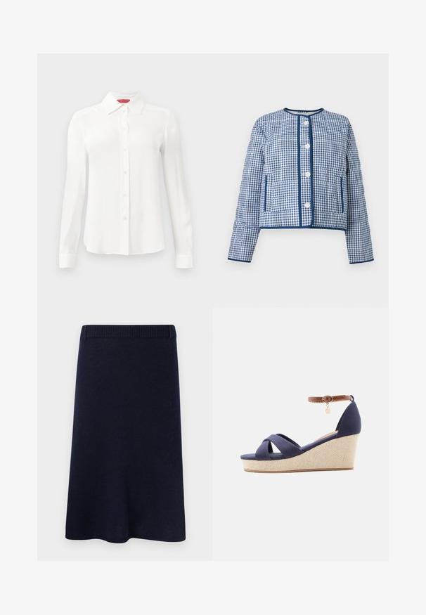 Veste matelassée à carreaux bleus et blancs avec col rond, boutons sur le devant, deux poches et bordure bleu marine le long des bords.; Chemise blanche à manches longues en tissu lisse, dotée d'un col classique, d'une fermeture à boutons sur le devant et de manches à poignets. Design minimaliste sans motifs.; Jupe en tricot bleu marine avec une taille côtelée, une forme évasée, une texture douce et une finition lisse, adaptée à un usage décontracté ou formel.; Sandale compensée bleu marine avec brides croisées, talon plateforme beige texturé et bride de cheville marron avec petit pendentif doré.