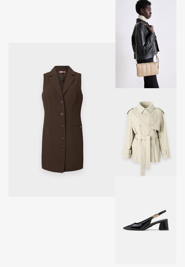 Beige trenchcoat met dubbele knopen, een ceintuur op de taille en schouderepauletten. Heeft een klassieke kraag en manchetbanden.; Bruine mouwloze vest met een getailleerd ontwerp, uitgesneden revers en zes knoopsluitingen. Bevat twee voorzakken en heeft een zachte textuur.; Zwarte gepatineerde leren slingback pumps met een spitse neus en goudkleurige hardware op de band, met een blokhak. Glad textuur.; Beige leren crossbody tas met een gequilt ontwerp, rechthoekige vorm, dunne schouderband en zilverkleurige hardware, gedragen door een persoon in een zwarte jas.