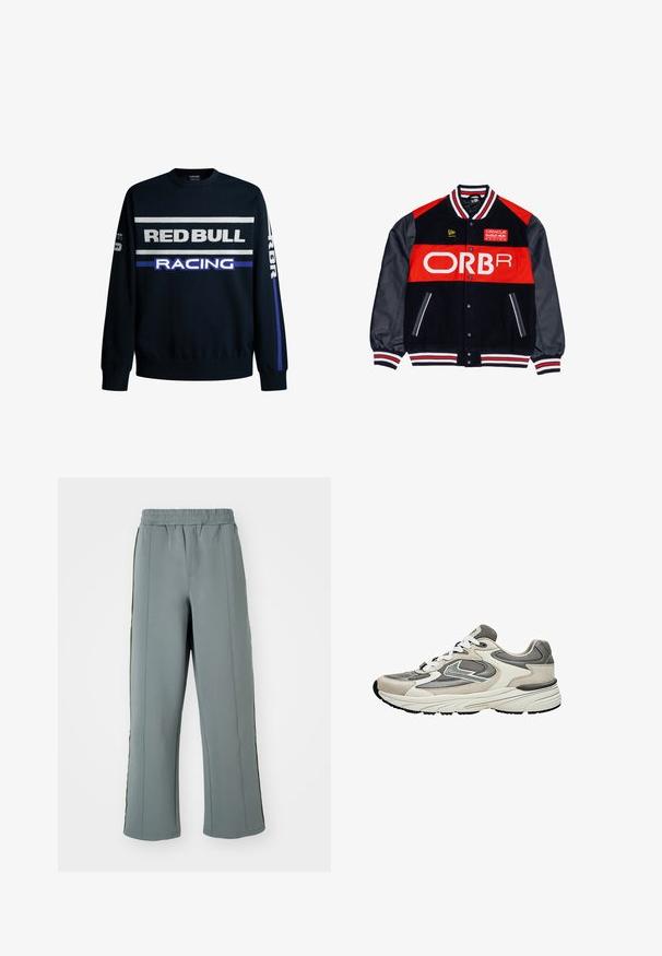 Schwarze und rote Collegejacke mit Lederärmeln, Druckknöpfen, gestreiftem Kragen und Bündchen, Oracle Red Bull Racing- und New Era-Logos.; Marineblaues Sweatshirt mit dem Text "RED BULL" und "RACING" in Weiß und Lila. Verfügt über einfarbige Ärmel und gerippte Bündchen, hergestellt aus weichem Strickmaterial.; Graue Sweatpants aus glattem Stoff, mit einem elastischen Bund und kontrastierenden vertikalen Streifen an den Seiten. Lockerer Schnitt.; Hellgrauer und weißer Sportschuh mit Mesh- und Wildledereinsätzen, weißen Schnürsenkeln und einer dicken, gepolsterten Sohle, seitlich dargestellt.