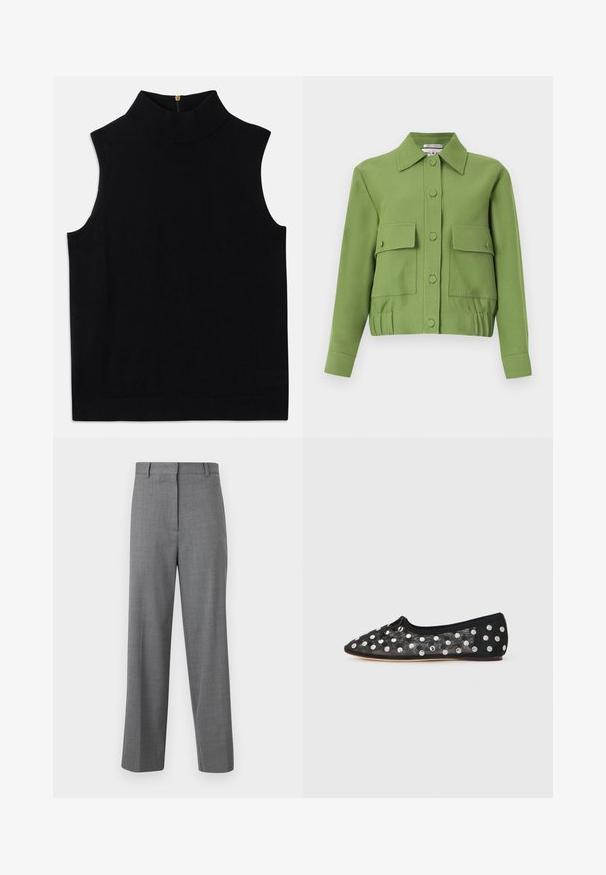 Veste verte courte à manches longues, fermeture par boutons, deux poches avant à rabat et ourlet élastiqué.; Haut noir sans manches à col roulé, fabriqué en matériau doux, avec un col haut et une fermeture éclair dans le dos. Design simple sans motifs ni accents.; Pantalon de costume gris pour hommes, coupe droite, taille avec passants pour ceinture et fermeture avant dissimulée.; Chaussure plate noire à bout pointu, en maille avec de grands pois argentés, et un petit nœud à l'avant. Tissu texturé.