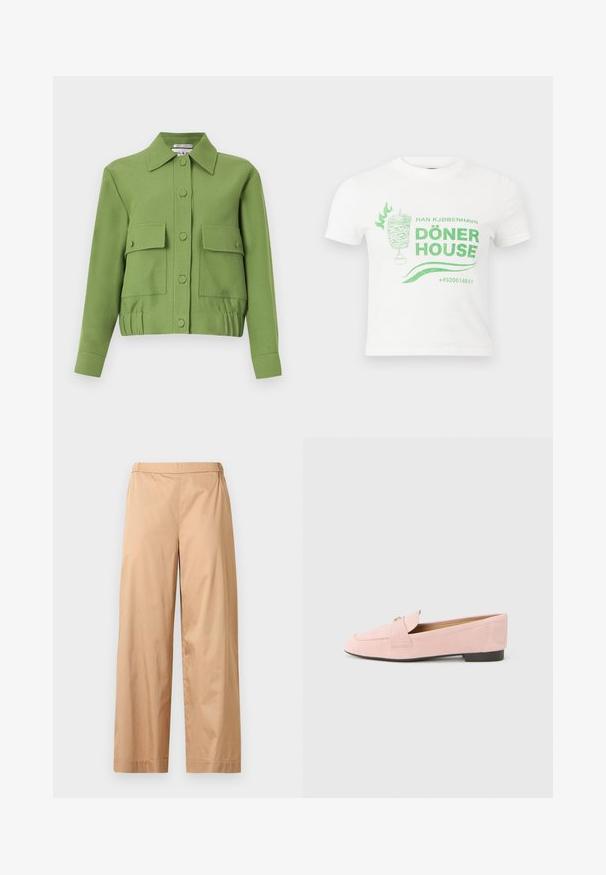 Veste verte courte à manches longues, fermeture par boutons, deux poches avant à rabat et ourlet élastiqué.; T-shirt blanc court avec un graphisme vert de döner kebab, texte "HAN KJØBENHAVN DÖNER HOUSE" et numéro de téléphone en dessous.; Pantalon beige à jambes larges avec une taille haute, un devant plat et un ourlet droit, présenté sur un fond gris clair uni.; Mocassin en daim rose avec un petit talon, doté d'un bout arrondi et d'un rabat décoratif avec un détail métallique. Texture lisse et design classique.