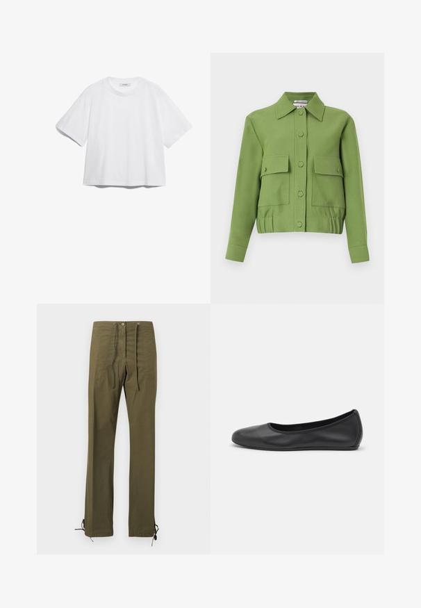 Grüne, kurz geschnittene Jacke mit langen Ärmeln, Knopfverschluss, zwei vorderen Klappentaschen und elastischem Saum.; Weißes Baumwoll-T-Shirt mit kurzen Ärmeln, rundem Ausschnitt, lockerer Passform und ohne sichtbare Muster oder Grafiken. Glatte Textur und einfaches Design.; Olivgrüne Baumwollhosen mit lockerem Schnitt, vorderen Falten, Kordelzug an der Taille und verstellbaren Bindebändern an den Saumabschlüssen zur individuellen Anpassung.; Schwarze Leder-Ballettschuhe mit abgerundeter Spitze, glatter Textur, minimalen Nähdetails und einem flexiblen Sohlen-Design.