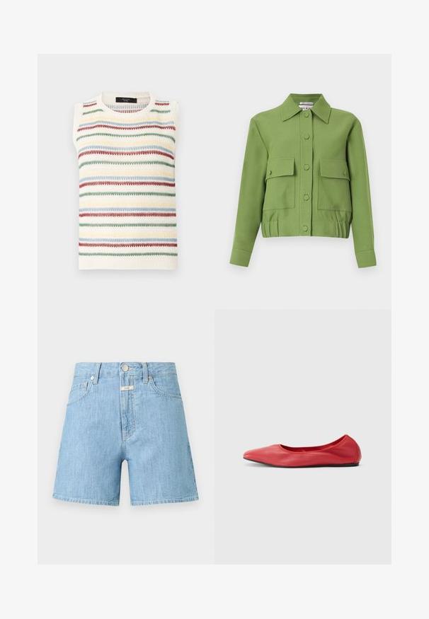 Veste verte courte à manches longues, fermeture par boutons, deux poches avant à rabat et ourlet élastiqué.; Gilet en tricot sans manches couleur crème avec des rayures horizontales aux motifs texturés verts, bleus, rouges et jaunes sur un fond clair.; Short en denim bleu clair avec bouton devant, passants pour ceinture, poches avant et poche monnaie, présenté sur un fond uni.; Filippa K REY FLATS - Ballerines - bright red