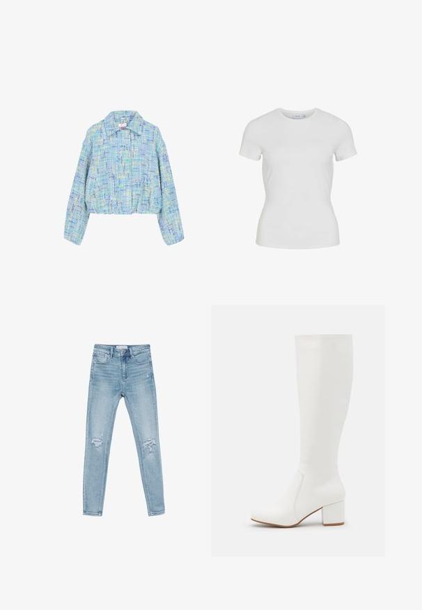 Kort jakke med lange ærmer i blå, grøn og gul tweedstof med spids krave og elastisk kant.; Hvid tætsiddende T-shirt med korte ærmer og rund hals med et lille mærke med brandnavn indeni ved halskanten.; Lysblå denim skinny jeans med høj talje, der har slidte knædetaljer og et klassisk fem-lomme design.; Hvide knæhøje støvler med en glat, blank finish. Firkantet blokhæl og diskret syningsdetalje langs siden.
