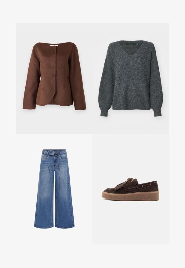 Braune, strukturierte Jacke mit einem runden Ausschnitt, langen Ärmeln und einer vorderen Verschluss. Der Stoff hat ein weiches, texturiertes Aussehen.; Grauer Strickpullover mit V-Ausschnitt, lässiger Passform und langen Ballonärmeln. Verfügt über eine dezente Struktur und gerippte Bündchen an den Handgelenken.; My Essential Wardrobe MWKARO 144 MID XWIDE - Wide Leg - medium blue wash; Braune Veloursleder-Slipper mit dicker Gummisohle, Quastendetail und Schnürungsakzent rund um die Ferse auf reinweißem Hintergrund.