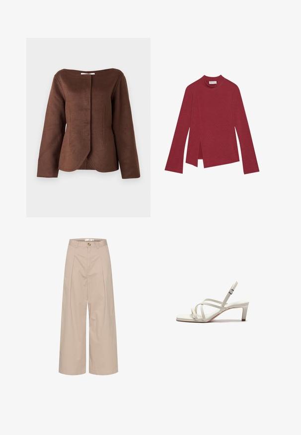 Brun, struktureret jakke med scooped halsudskæring, lange ærmer og lukning foran. Stoffet har et blødt, tekstureret udseende.; Rød ribbet bluse med lange ærmer og høj hals. Har en asymmetrisk kant med sideslids og en glat tekstur. Mærket er synligt indeni.; Beige brede bukser lavet af letvægtsstof, med knaplukning og frontfolder for ekstra detalje. Glat tekstur.; Zign Pumps - off white