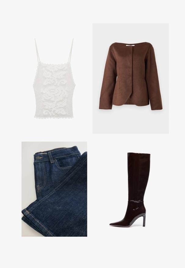 Brun, struktureret jakke med scooped halsudskæring, lange ærmer og lukning foran. Stoffet har et blødt, tekstureret udseende.; Hvid hæklet top med bølgede kanter og tynde stropper, der har et blomster mønster, lavet af tekstureret blonderlignende materiale.; Mørkeblå denim jeans foldet, med et klassisk fem-lomme design, orange syninger og en metalknap i taljen.; Knehøje sorte patentlæderstøvler med spids tå og stiletthæl, der har en glat, blank overflade og et strømlinet design.