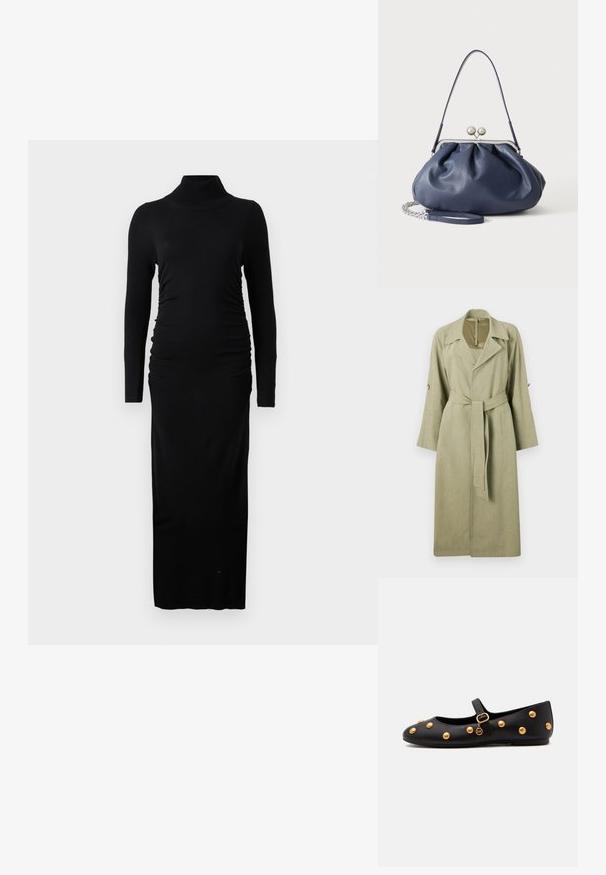 Langer, hellgrüner Trenchcoat aus gewebtem Stoff. Verfügt über einen Kragen, weite Ärmel, einen Gürtel und Knopfdekor an den Ärmeln.; Schwarzes Kleid mit langen Ärmeln, das über einen gerippten Rollkragen, geraffte Seiten und eine gerade Maxilänge verfügt. Hergestellt aus weichem, dehnbarem Stoff.; Schwarzer Mary Jane flacher Schuh mit goldenen, runden Nieten, einem goldenen Schnallenriemen und einem kleinen goldenen Anhänger, der am Riemen hängt.; Weiche navyblaue Ledertasche mit silberner Verschlussklammer, einem einzelnen Schulterriemen und abnehmbarem Ketten-Handgelenksriemen auf weißem Hintergrund.