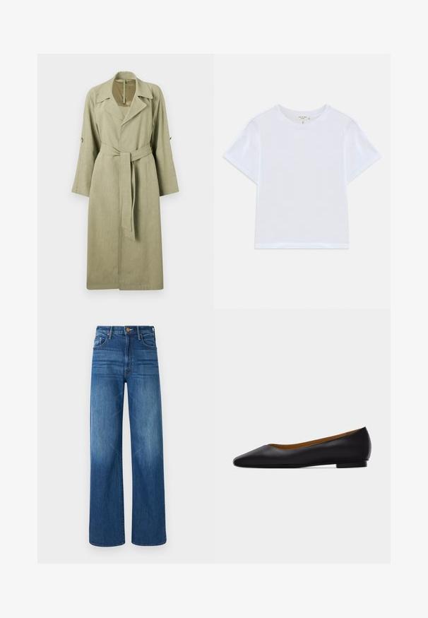Lang, lysegrøn trenchcoat lavet af vævet stof. Har en krave, brede ærmer, et bælte og knapdetaljer på ærmerne.; Hvid cropped t-shirt lavet af blødt bomuld, med rund hals og korte ærmer og en let løs pasform. Ingen mønstre eller accenter.; Mother THE LASSO SNEAK - Jeans Relaxed Fit - dark blue denim; Sort læder flad sko med spids tå, lav hæl og glat finish, vist fra siden på en lysegrå baggrund.