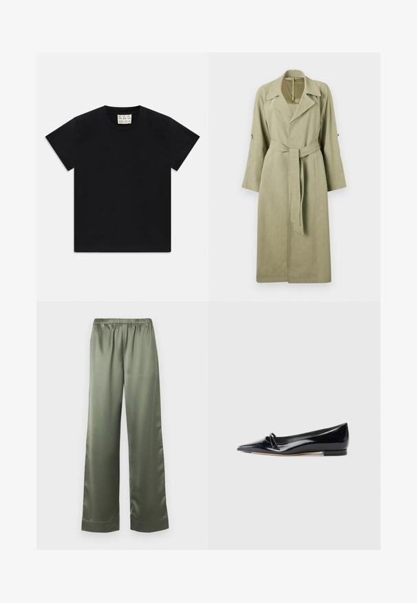 Trench-coat long, vert clair, en tissu tissé. Présente un col, des manches larges, une ceinture et des accents de boutons sur les manches.; T-shirt noir à manches courtes avec col rond, portant une étiquette blanche à l'intérieur du col étiquetée "D.R.C. EST. 2002" sur fond blanc.; Pantalon ample en satin vert olive avec une taille élastique et des jambes larges et droites.; Chaussure plate en cuir verni noir avec un bout pointu, une petite lanière décorative et un petit talon carré. Texture lisse et design épuré.