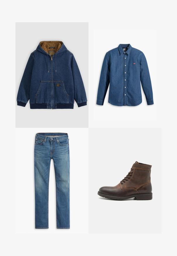 Blauwe denim jas met ritssluiting en capuchon, bruine doorgestikte voering, voorzakken, geribde manchetten en zoom, en trekkoord aan de capuchon.; Donkerblauwe spijkerblouse met lange mouwen, kraag en knoopsluiting. Beschikt over een klein rood Levi's-logo op de borst. Glad materiaal.; Blauwe rechte denim jeans met een sluiting van een knoop en rits aan de voorkant, vijf-pocket ontwerp en subtiele vervaging op de bovenbenen en knieën.; Jack & Jones JFWDELANEY BOOT - Veterboots - cognac
