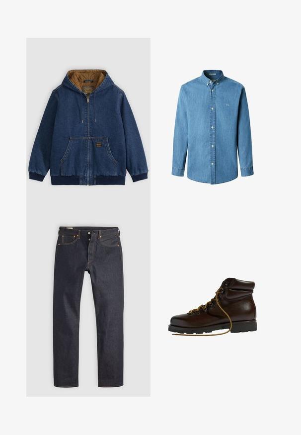 Veste zippée en denim bleu avec capuche, doublure matelassée marron, poches avant, poignets et ourlet côtelés, et cordon de serrage à la capuche.; Chemise en denim bleu clair à manches longues, boutonnée avec col boutonné et petite broderie "PJL" sur la poitrine gauche.; Jean en denim bleu foncé à coupe droite, avec des coutures orange et un style classique à cinq poches. Fermeture par bouton et braguette à glissière.; Bottine de randonnée en cuir marron avec un bout arrondi, surface texturée, lacets jaunes et œillets en métal. Dotée d'une semelle en caoutchouc noir robuste.