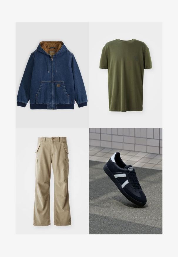 Blå denim lynlåsjakke med hætte, brun quiltet for, forlommer, ribkant ved ærmeafslutning og talje samt snøre i hætten.; Oliven grøn t-shirt i bomuld med korte ærmer, rund hals og et lille logo trykt i mørkeblå på venstre bryst.; Beige cargo bukser lavet af slidstærkt stof, med en afslappet pasform, flere sidelommer og forstærkede knæ. Flad frontdesign.; Sort lædersneaker med hvide striber, tekstureret gummisål og snørrebånd foran. Har et brandet mærke på tungen.