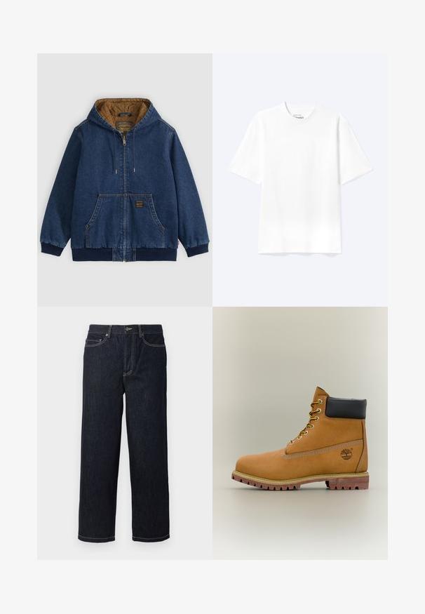 Blå denim lynlåsjakke med hætte, brun quiltet for, forlommer, ribkant ved ærmeafslutning og talje samt snøre i hætten.; Enkel hvid T-shirt med korte ærmer og rund hals med afslappet pasform, vist på en lys baggrund.; Mørkeblå lige ben denim jeans med fem lommer og hvide kontrastsyninger, knaplukning og bæltestropper.; Brun læderankelstøvle med sort krave, gule snørebånd og tanfarvet sål. Har logo og hvide syninger som detalje. Robust ydersål med greb.