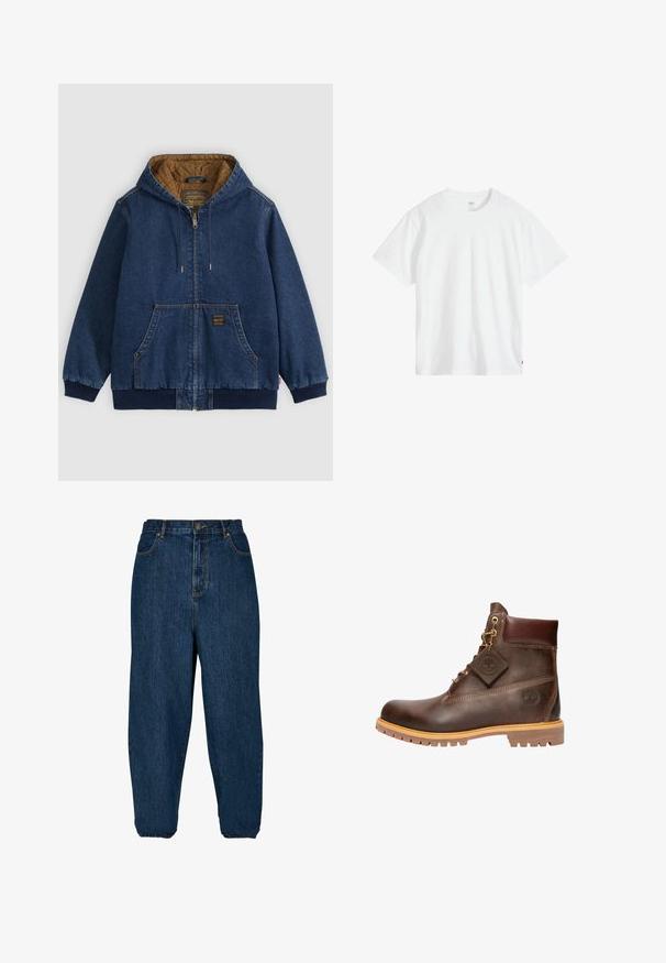 Blauwe denim jas met ritssluiting en capuchon, bruine doorgestikte voering, voorzakken, geribde manchetten en zoom, en trekkoord aan de capuchon.; Wit katoenen T-shirt met een ronde hals, korte mouwen en een ontspannen pasvorm. Voorzien van een klein merklipje aan de linkeronderkant.; Donkerblauwe spijkerbroek met een relaxed fit, hoge taille en elastische boorden. Voorzien van een knoopsluiting aan de voorkant en vijf zakken.; Bruine leren enkelboot met een ronde neus, stevige zool, hardware in goudkleur en een gestructureerde bovenkant. Inclusief een merklabel dat is bevestigd.