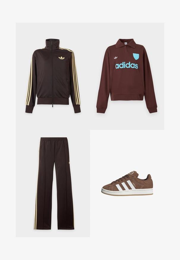 Sort lynlåstrøje med høj krave, lysegule striber ned ad ærmerne og Adidas trefoil-logo på venstre bryst.; Brun sweatshirt med polo krave, der har en lys blå "adidas" logo og skjolddetalje, lavet af blødt stof med en afslappet pasform.; Sorte træningsbukser med gule sidelister, elastisk taljebånd, lynlåslommer i siderne og en lille logo på den øvre lår.; Brune ruskinds sneakers med hvide læderstriber, gummisål, rund tå og snørebåndsfront. Har et logo på tungen og perforerede detaljer.