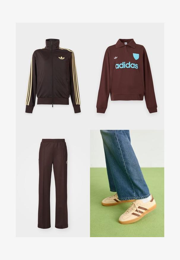 Sort lynlåstrøje med høj krave, lysegule striber ned ad ærmerne og Adidas trefoil-logo på venstre bryst.; Brun sweatshirt med polo krave, der har en lys blå "adidas" logo og skjolddetalje, lavet af blødt stof med en afslappet pasform.; Brune træningsbukser med elastisk talje, to sidelommer og et lille logo på venstre side, lavet af et blødt stof.; Beige sneakers med teksturerede cremefarvede paneler og brune striber, parret med blå denim jeans. Jeansene har brede ben og en frynset kant.